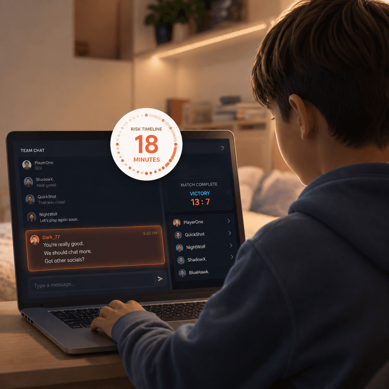 Child gaming while a risk timeline alert is highlighted